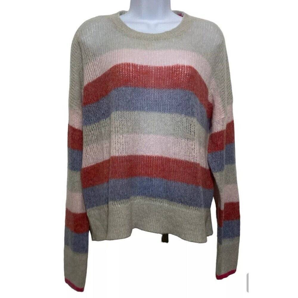 Sundry Sweater Women 3/L Merino Wool Cashmere Blend Striped Open Knit Pullover